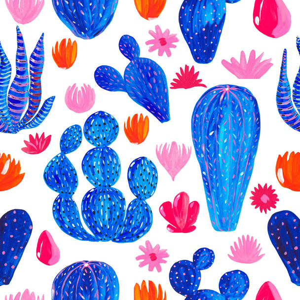 Bezszwowy wzór ręcznie malowany zestaw ozdobnych kaktusów w stylu fantasy zestaw roślin kwiatowych, Kaktus niebieski koralowy kolor - Zdjęcie, obraz