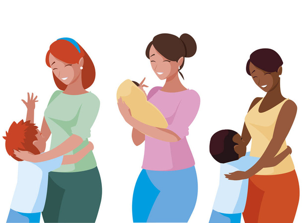 interracial mothers with little kids characters - Vector, Image