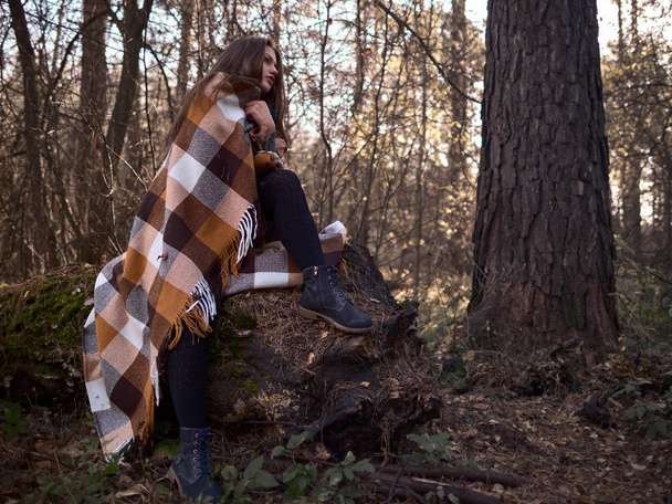  Woman in a plaid in the forest. Autumn Walk. - Foto, Imagem