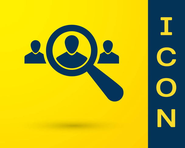 Blue Magnifying glass for search a people icon on yellow background. Recruitment or selection concept. Search for employees and job, human resource. Vector Illustration - Vector, Image