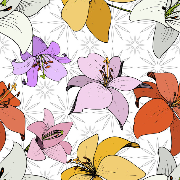 Vector Lily Floral botanische bloem. Zwart-wit gegraveerd inkt kunst. Naadloze achtergrondpatroon. - Vector, afbeelding