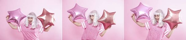 Colagem com uma jovem mulher alegre em um fundo rosa
 - Foto, Imagem