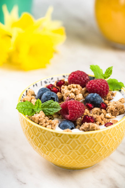 Granola, süt ve meyve meyveleri ile kahvaltı kase - Fotoğraf, Görsel