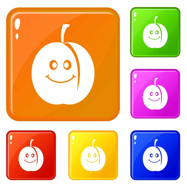 Fresh smiling apricot icons set vector color - Vetor, Imagem