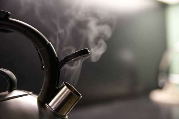 kettle with boiling water. whistle on a boiling kettle closeup. steam from the kettle through the opened whistle. spout of kitchen kettle - Photo, Image
