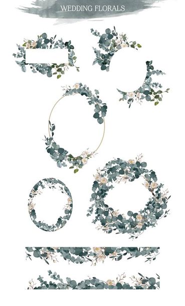 Corona floral acuarela pintada a mano sobre fondo blanco. Guirnalda floral con ramas de eucalipto. Acuarela ilustración dibujada a mano. Se puede utilizar para tarjetas de felicitación, carteles, tarjetas de boda. W
 - Foto, Imagen