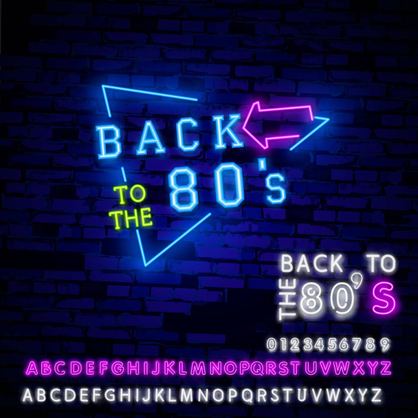 Back to the 80s neon sign vector. 80 s Retro style Design template neon sign, light banner, neon signboard, nightly bright advertising, light inscription. Vector illustration - Vetor, Imagem