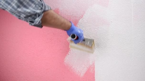 Der kaukasische Maler, Arbeiter in weißen Overalls, streicht die rosa Wand mit der weißen Farbe mit dem Pinsel. Bauwirtschaft. Bildmaterial. - Filmmaterial, Video