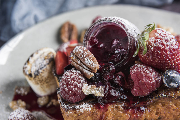 French toast with berries and marshmallows.  - Photo, Image