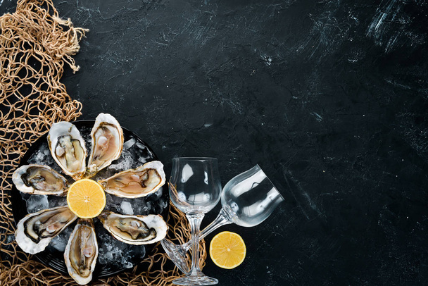 Fresh oysters in a plate of ice and lemon. Seafood. Top view. Free copy space. - Fotoğraf, Görsel