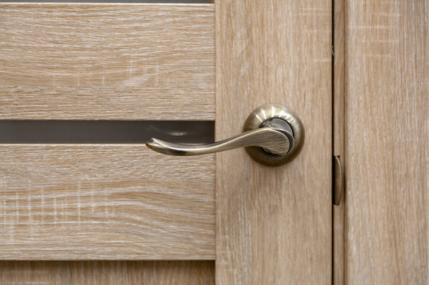 Steel door, wood trim. Several locks and a handle. Hotel door with modern knob for background.  - Photo, Image