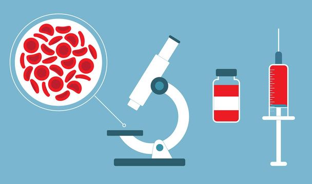 Rode bloedcellen, Microscoop spuit & fles. Bloed concept. De mens doneert bloed. Vector illustratie in platte stijl. - Vector, afbeelding