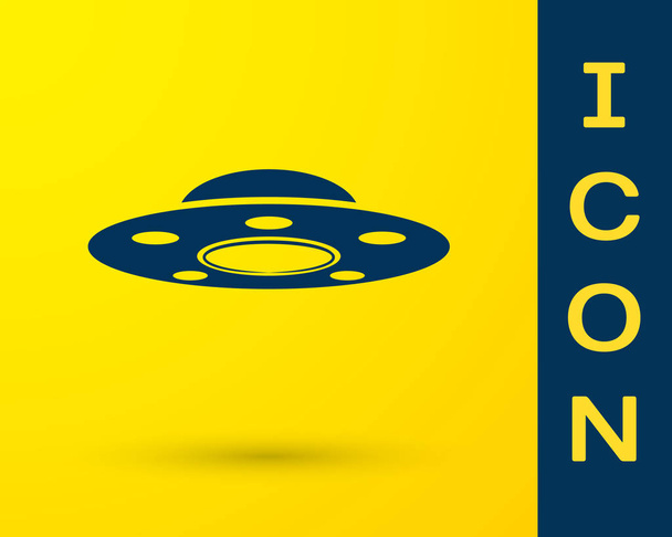 Blue UFO flying spaceship icon isolated on yellow background. Flying saucer. Alien space ship. Futuristic unknown flying object. Vector Illustration - Vector, Image