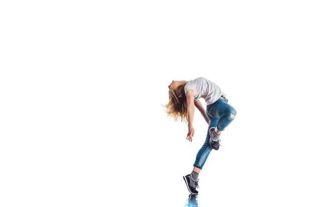 Young woman is having aerobic training on white background - Φωτογραφία, εικόνα