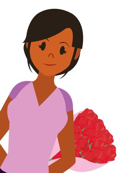 花を持つ若い女性 - ベクター画像