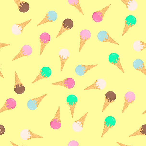 Colorful ice creams waffle cones seamless pattern. Summer dessert flat vector background. Delicious sweets for kids. Easy to edit template for birthday party decoration, wrapping paper, fabric, etc. - Vektori, kuva