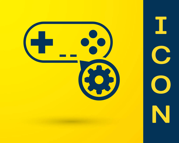 Blue Gamepad and gear icon isolated on yellow background. Adjusting app, service concept, setting options, maintenance, repair, fixing. Vector Illustration - Vector, Image