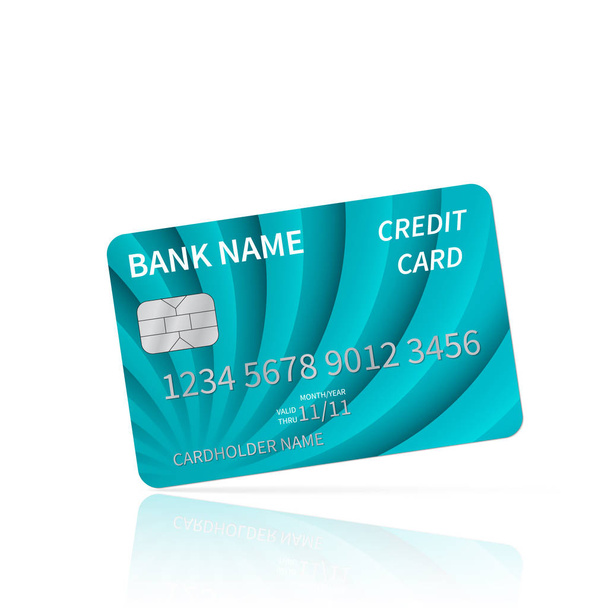 Tarjeta de crédito azul brillante con reflejo aislado en blanco. Tarjeta plástica detallada con símbolos en relieve plateado. Concepto de compras y comercio electrónico. Plantilla vectorial fácil de editar
 - Vector, imagen