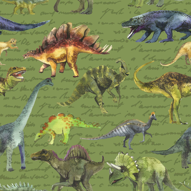 Hand getekende naadloze patroon met dinosaurus. Dino patroon realistisch. Kinderen jongen behang achtergrond. - Foto, afbeelding
