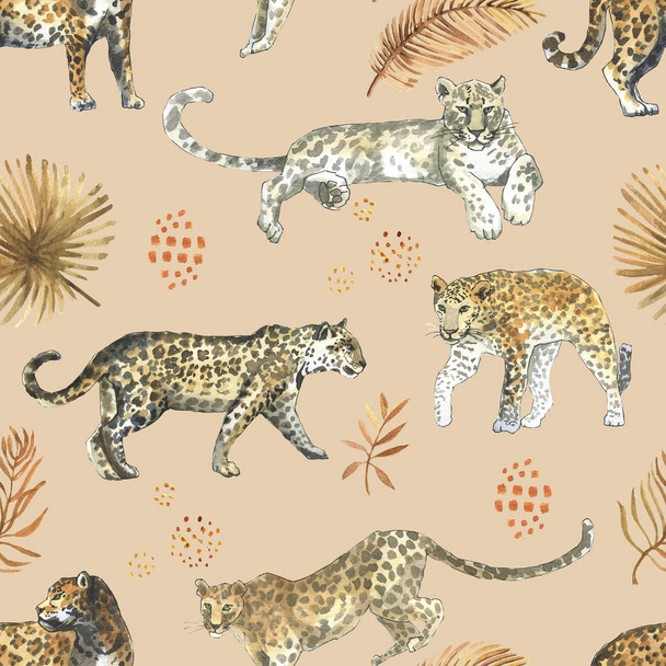 ヒョウ、ジャガー猫動物は熱帯の黄金の葉とシームレスなパターン - 写真・画像