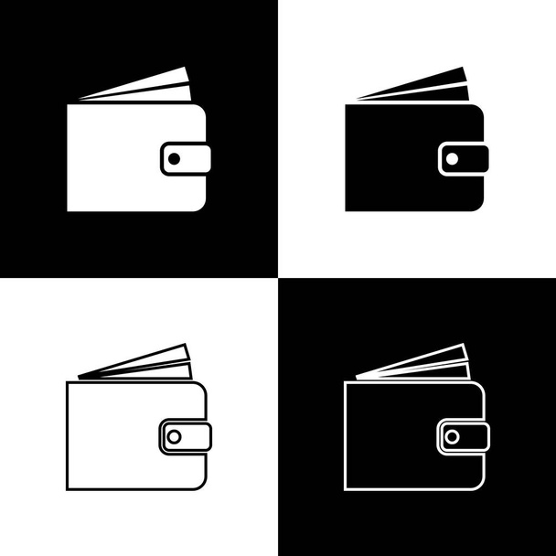 Ρυθμίστε τα εικονίδια πορτοφολιού απομονωμένα σε μαύρο και άσπρο φόντο. Γραμμή, περίγραμμα και γραμμικό εικονίδιο. Απεικόνιση διανυσματικών φορέων - Διάνυσμα, εικόνα
