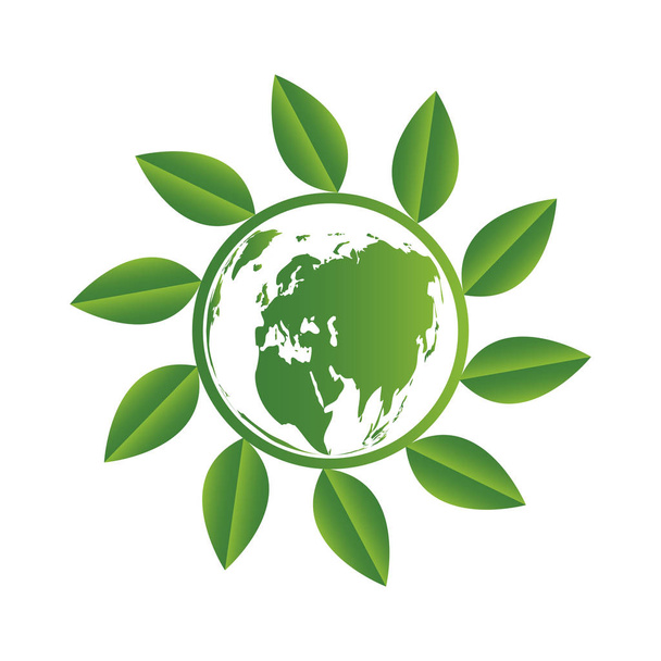 Το σύμβολο της γης με πράσινα φύλλα γύρω. Οικολογία. πράσινες πόλεις βοηθούν τον κόσμο με φιλικές προς το οικολογικό concept ιδέες, - Διάνυσμα, εικόνα