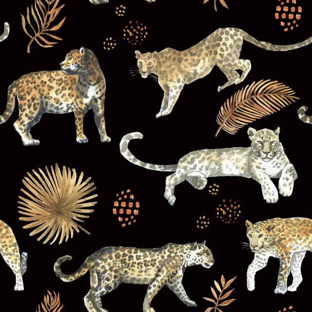 Leopard, Jaguar kot zwierzę bezszwowe wzór z tropikalnych złotych liści - Zdjęcie, obraz