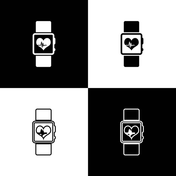 Установите Smart часы, показывающие сердечный ритм значки изолированы на черно-белом фоне. Концепция приложения. Строка, контур и линейная иконка. Векторная миграция
 - Вектор,изображение