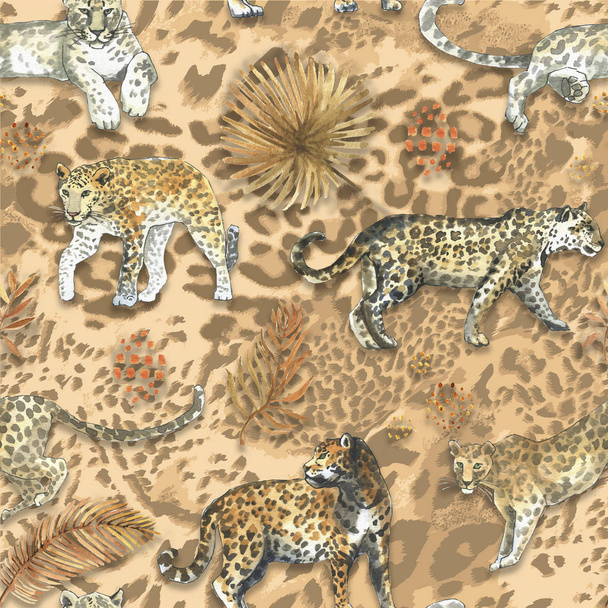 Leopard, Jaguar kot zwierzę bezszwowe wzór z tropikalnych złotych liści - Zdjęcie, obraz