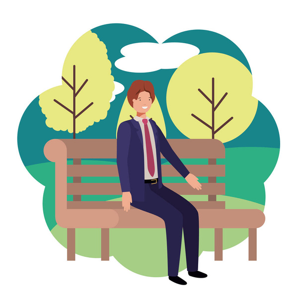Geschäftsmann sitzt im Parksessel mit Landschaft - Vektor, Bild