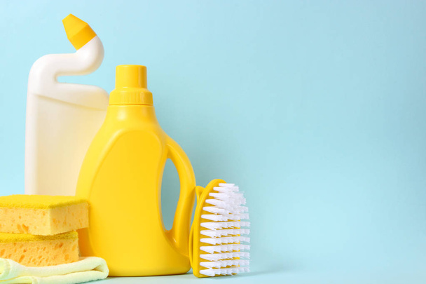 cleaning product on a colored background side view. Professional cleaning products, spring cleaning. Household chemicals - Photo, Image