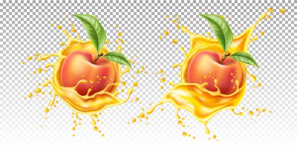 Vector realistic peach leaf in juice splash - ベクター画像