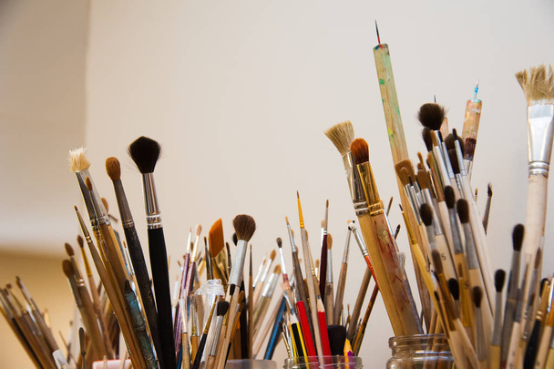Brushes for painting. Various shapes of bristle. Art workshop - Photo, Image
