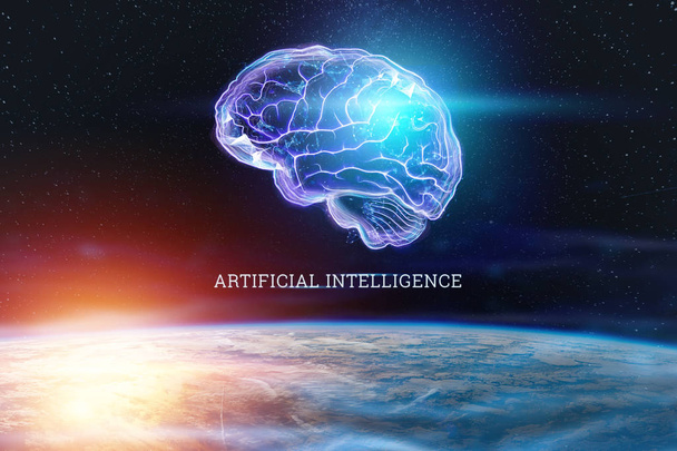 The image of the human brain, a hologram, a dark background. The concept of artificial intelligence, neural networks, robotization, machine learning. copy space. - Foto, imagen