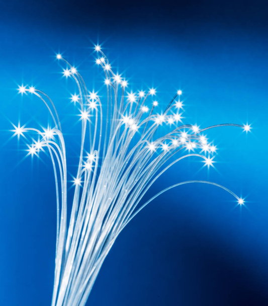 Bundle of optical fibers with lights in the ends. Blue backgroun - Foto, Imagen