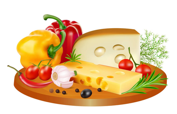 Illustration still life of cheese, tomatoes, bell peppers and sp - Vector, Imagen