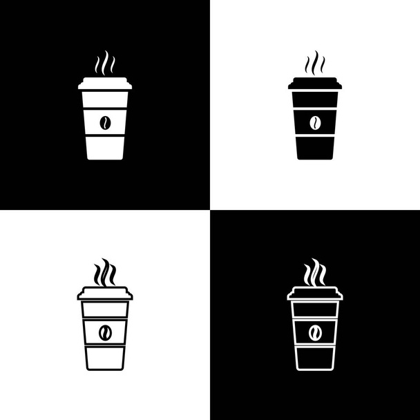 Set Coffee cup icons isolated on black and white background. Disposable coffee cup with hot coffee. Line, outline and linear icon. Vector Illustration - Vektor, kép