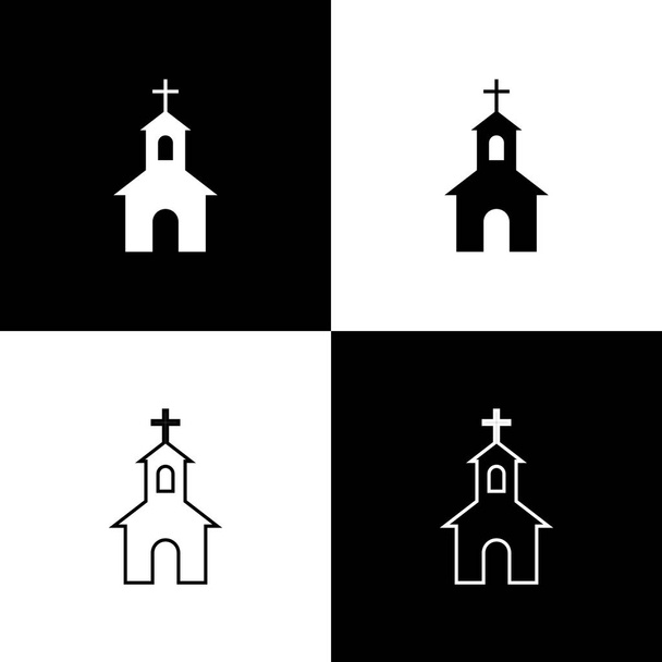 Встановлюємо церковні будівлі ікони, ізольовані на чорно-білому фоні. Християнська Церква. Релігії церкви. Лінії, контур і лінійна ікона. Векторна ілюстрація - Вектор, зображення