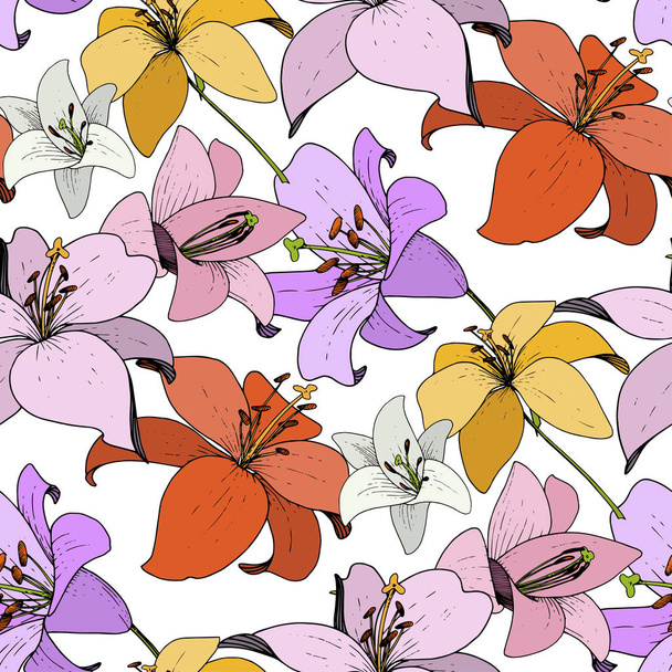 Vektor Lily Floral botanické květin. Černá a bílá vyryto inkoust umění. Vzor bezešvé pozadí. - Vektor, obrázek