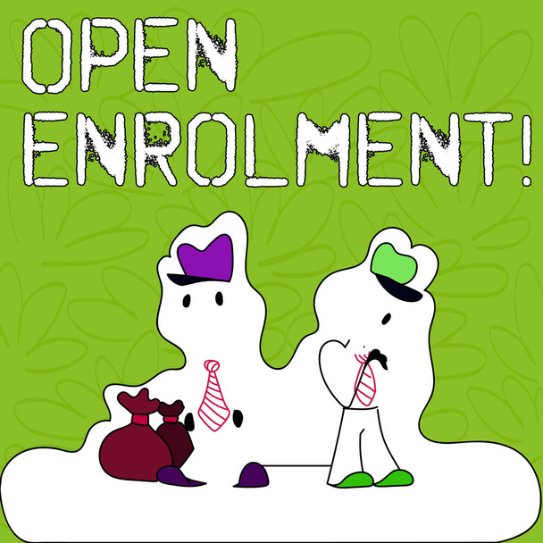 Text sign showing Open Enrolment. Conceptual photo student public school other than one assigned basis residence Figure of Two Men Standing with Pouch Bag on White Sticker Style Snow Effect. - Photo, Image