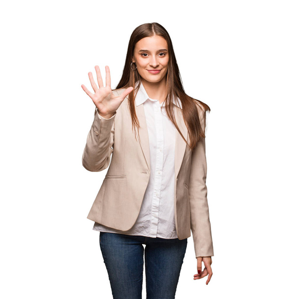 Young caucasian business woman showing number five - Photo, Image