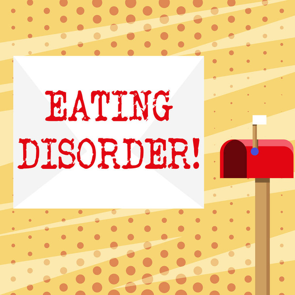 摂食障害を示すコンセプチュアル・ハンド・ライティング。異常または乱れた食習慣によって特徴付けられるビジネス写真の紹介白い封筒と小さなフラグアップ信号を持つ赤いメールボックス. - 写真・画像