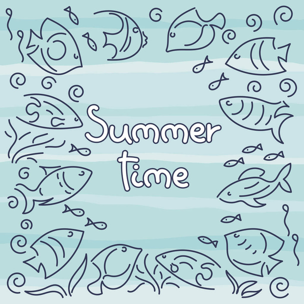 Doodle hand drawing background. Frame. Sea, Fish, whales . Vector illustration - Vector, Image