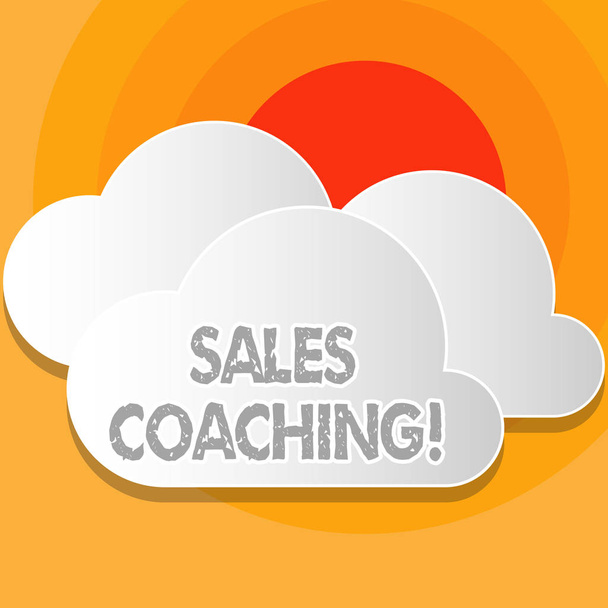 Writing note showing Sales Coaching. Business photo showcasing analysisage their team by analyzing metrics and KPIs of selling White Clouds Cut Out of Board Floating on Top of Each Other. - Photo, Image