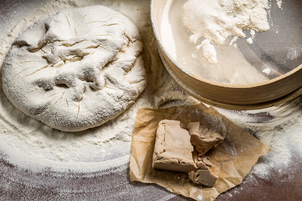 Homemade pizza dough made from yeast and flour - Фото, зображення