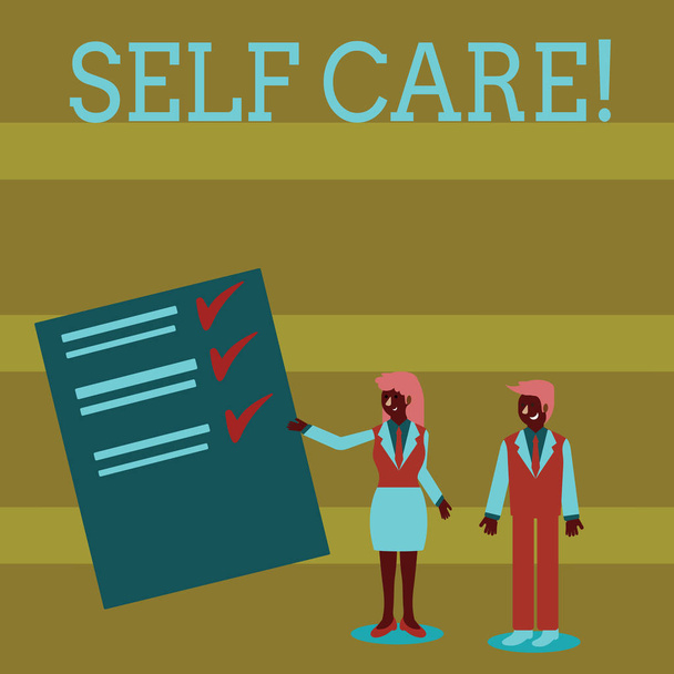 Handwriting text Self Care. Concept meaning practice of taking action to preserve or improve ones own health Man and Woman in Business Suit Presenting Report of Check and Lines on Paper. - Photo, Image