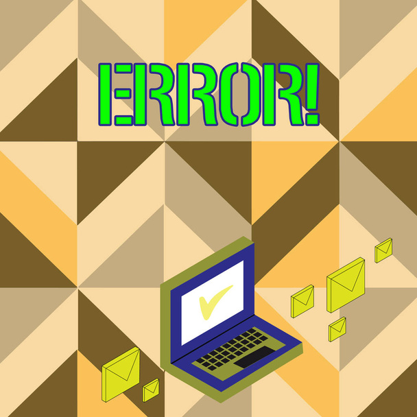 Word writing text Error. Business concept for state or condition of being wrong in conduct judgement or program Color Mail Envelopes around Laptop with Check Mark icon on Monitor Screen. - Photo, Image