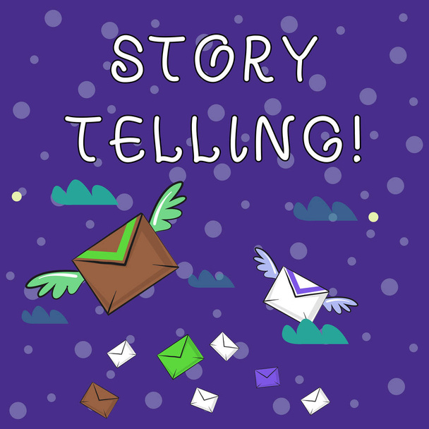 Handschriftliches Geschichtenschreiben. Konzept bedeutet Aktivität, Geschichten zu schreiben, um sie der Öffentlichkeit zu veröffentlichen, viele bunte Luftpost fliegende Briefumschläge und zwei davon mit Flügeln. - Foto, Bild