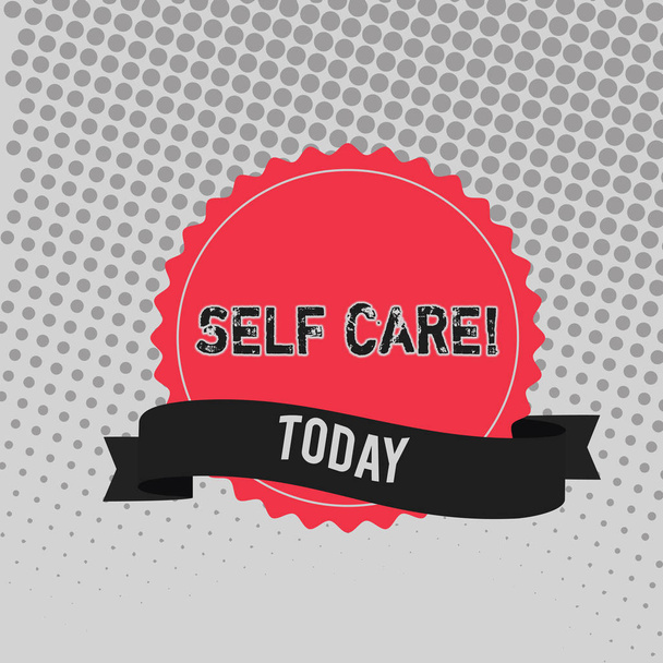 Käsiala teksti kirjallisesti Self Care. Käsitteen merkitys tarkoittaa käytäntöä ryhtyä toimiin oman terveyden säilyttämiseksi tai parantamiseksi Blank Color Seal tarra Jagged Edge ja eri sävy nauha
. - Valokuva, kuva