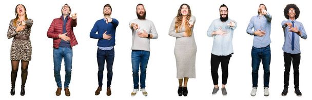 Collage van mensen over witte geïsoleerd background lachend voor u, wijzend naar de camera met vinger hand over borst, schande expressie - Foto, afbeelding